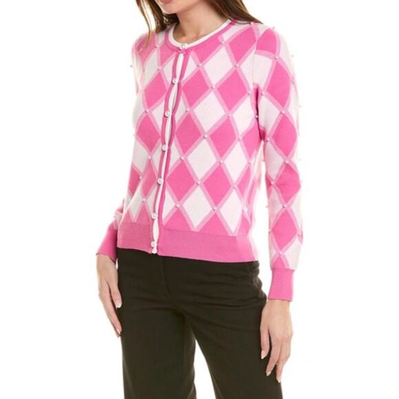 Nanette Lepore Argyle Cardigan Pearl Crew Neck Plaid Barbie Sweater, Pink - Picture 12 of 12